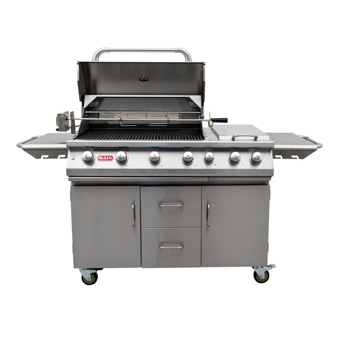 Bull BBQ Premium 7 Burner Propane Gas Grill Cart W/Lights & Rotisserie